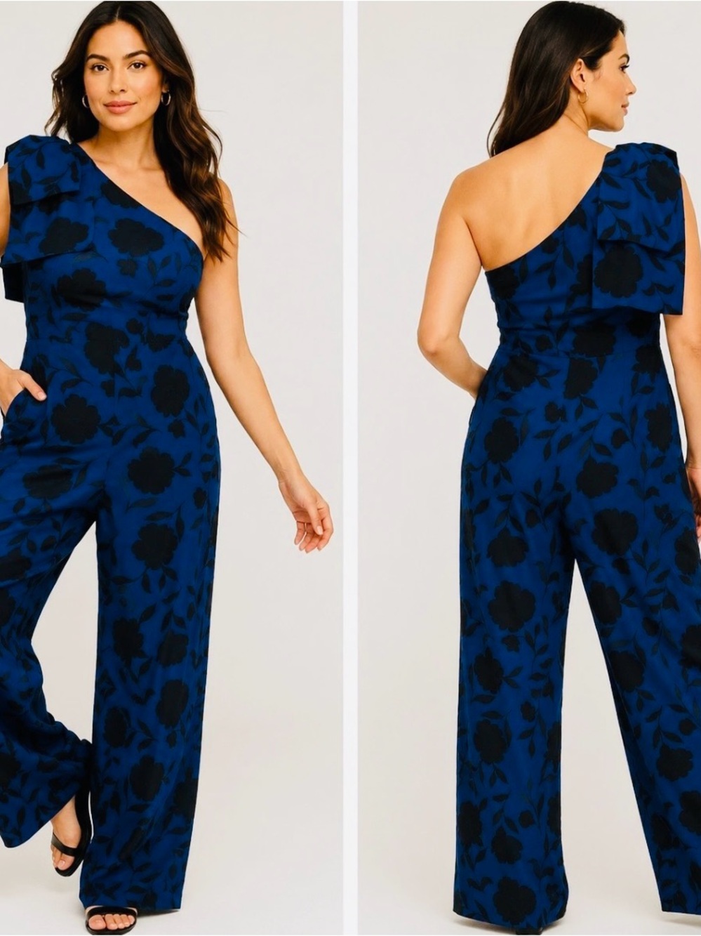 kate spade Blue and Black One-Shoulder Floral Jumpsuit